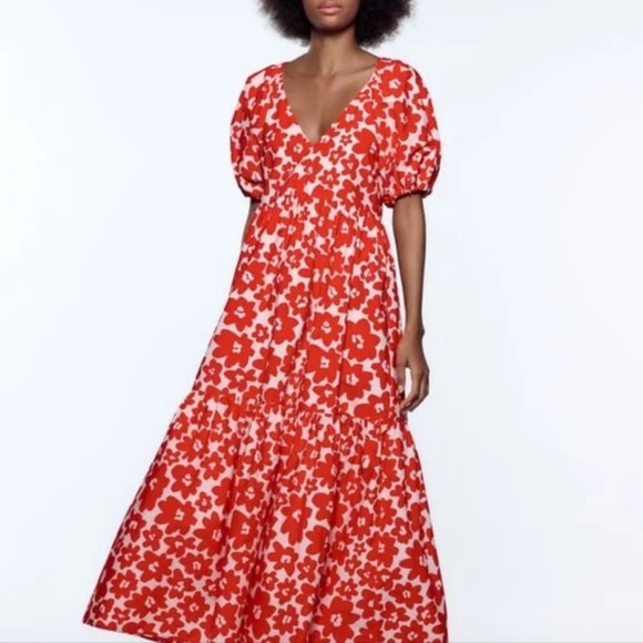 Zara Midi Dress - Red and White V-Neck Poplin Printed Puff Short Sleeve Dress - Picture 1 of 5